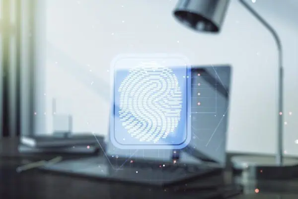 Multi exposure abstract graphic fingerprint sketch modern computer background fingerprint scan data concept